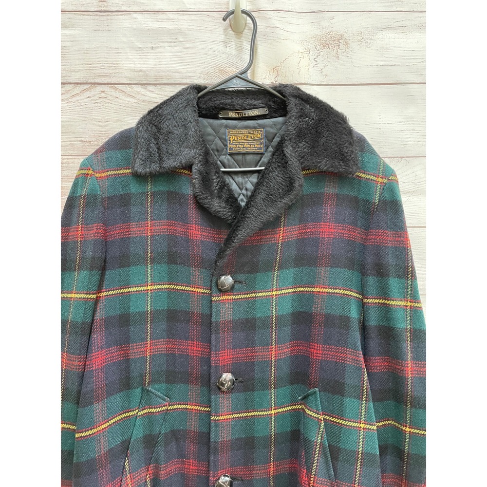 VINTAGE‎ MENS PENDLETON PLAID WOOL COAT WITH FAUX FUR COLLAR - Picture 3 of 16